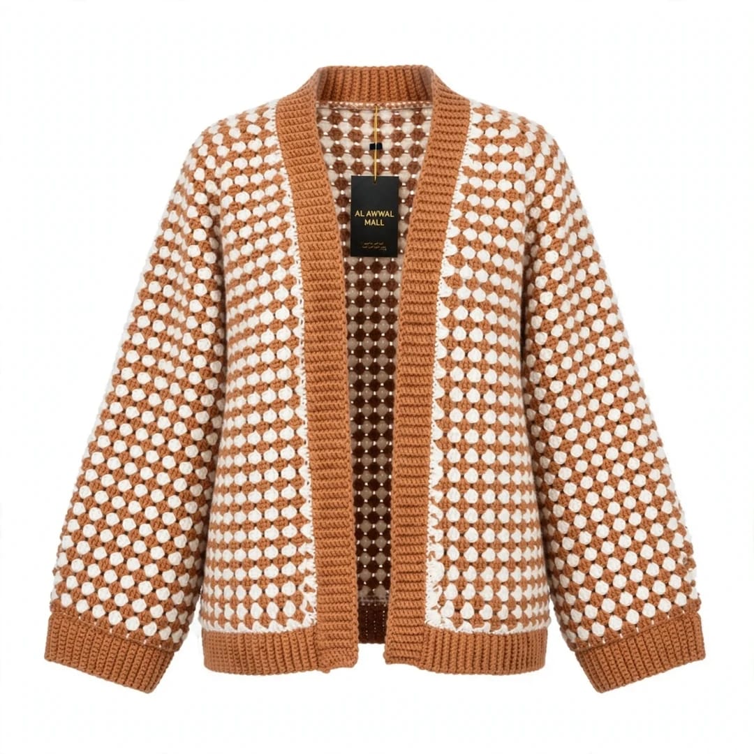 Handmade Crochet Brown Open Front Cardigan with Hexagon Pattern and Hem Edge