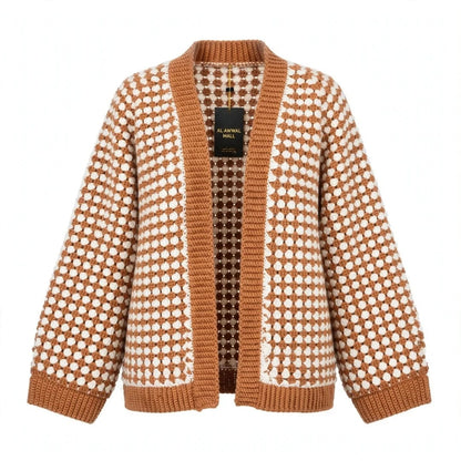 Handmade Crochet Brown Open Front Cardigan with Hexagon Pattern and Hem Edge