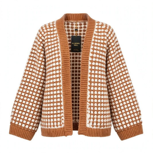 Handmade Crochet Brown Open Front Cardigan with Hexagon Pattern and Hem Edge