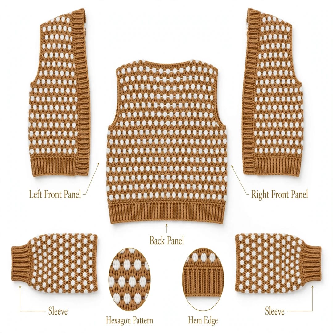 Handmade Crochet Brown Open Front Cardigan with Hexagon Pattern and Hem Edge