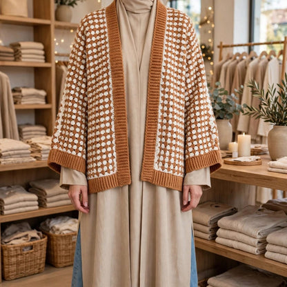 Handmade Crochet Brown Open Front Cardigan with Hexagon Pattern and Hem Edge