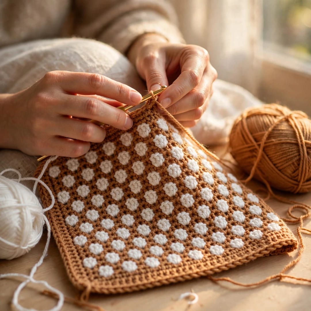 Handmade Crochet Brown Open Front Cardigan with Hexagon Pattern and Hem Edge