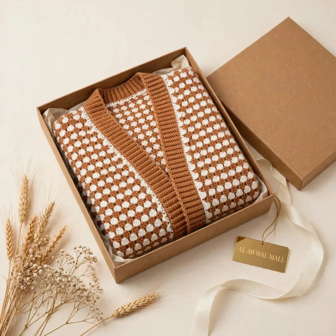 Handmade Crochet Brown Open Front Cardigan with Hexagon Pattern and Hem Edge