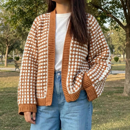 Handmade Crochet Brown Open Front Cardigan with Hexagon Pattern and Hem Edge