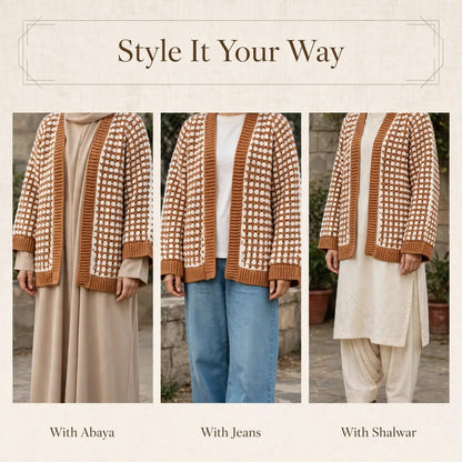 Handmade Crochet Brown Open Front Cardigan with Hexagon Pattern and Hem Edge