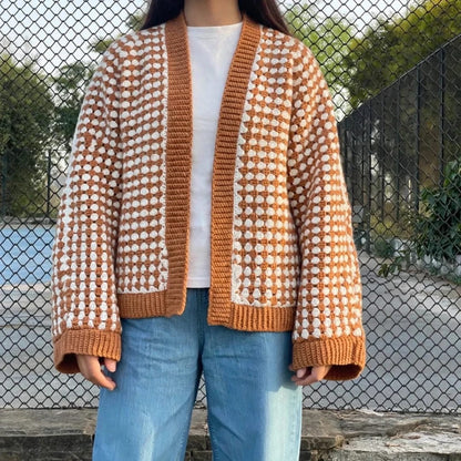 Handmade Crochet Brown Open Front Cardigan with Hexagon Pattern and Hem Edge