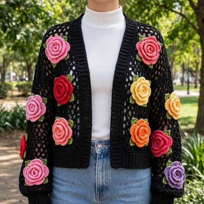 Handmade Crochet Black Open Front Cardigan with Multicolor Rose Appliques and Ribbed Cuffs