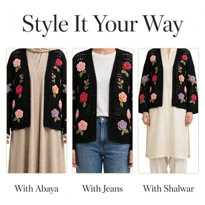 Handmade Crochet Black Open Front Cardigan with Multicolor Rose Appliques and Ribbed Cuffs
