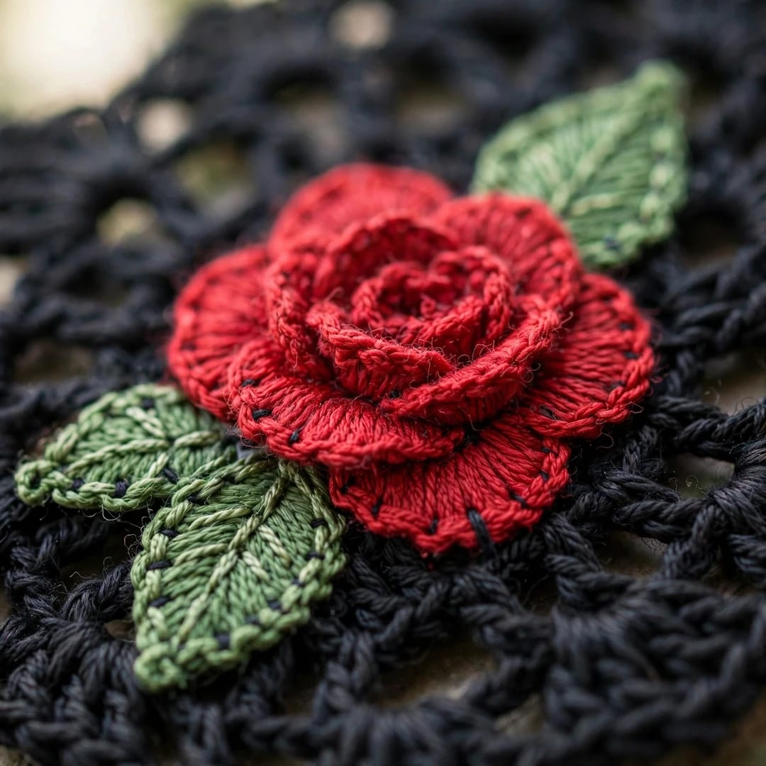 Handmade Crochet Black Open Front Cardigan with Multicolor Rose Appliques and Ribbed Cuffs