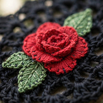 Handmade Crochet Black Open Front Cardigan with Multicolor Rose Appliques and Ribbed Cuffs