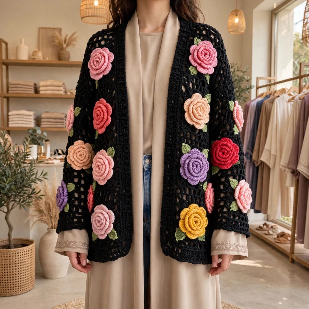 Handmade Crochet Black Open Front Cardigan with Multicolor Rose Appliques and Ribbed Cuffs