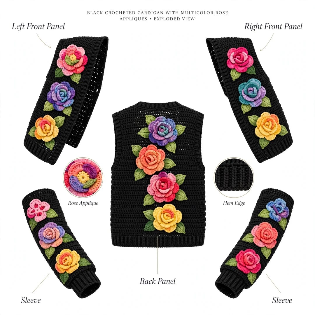 Handmade Crochet Black Open Front Cardigan with Multicolor Rose Appliques and Ribbed Cuffs
