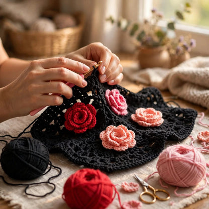 Handmade Crochet Black Open Front Cardigan with Multicolor Rose Appliques and Ribbed Cuffs