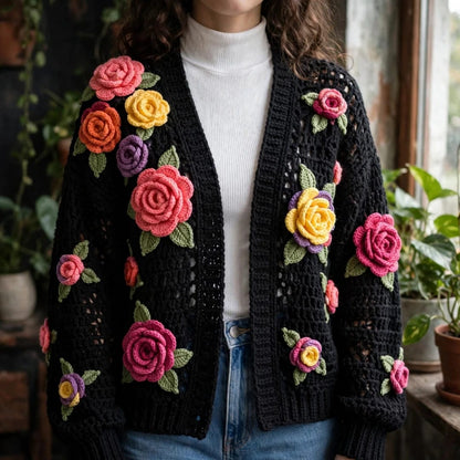 Handmade Crochet Black Open Front Cardigan with Multicolor Rose Appliques and Ribbed Cuffs