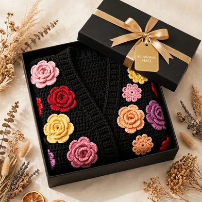 Handmade Crochet Black Open Front Cardigan with Multicolor Rose Appliques and Ribbed Cuffs