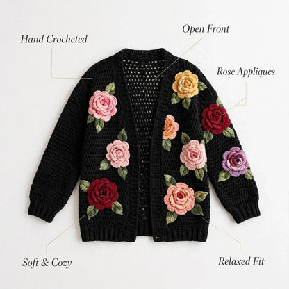 Handmade Crochet Black Open Front Cardigan with Multicolor Rose Appliques and Ribbed Cuffs