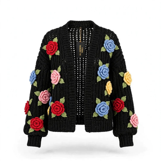 Handmade Crochet Black Open Front Cardigan with Multicolor Rose Appliques and Ribbed Cuffs