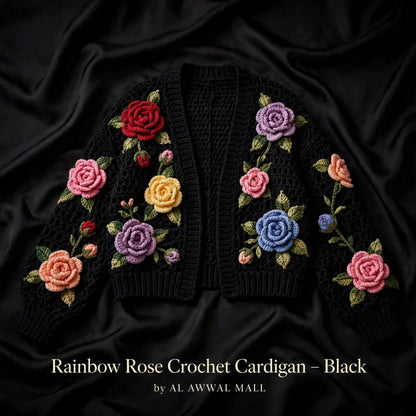 Handmade Crochet Black Open Front Cardigan with Multicolor Rose Appliques and Ribbed Cuffs