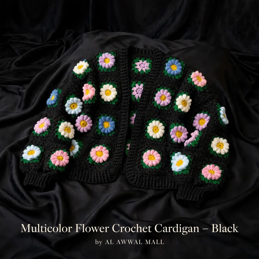 Handmade Crochet Black Open Front Cardigan with Multicolor Daisy Flowers and Ribbed Cuffs