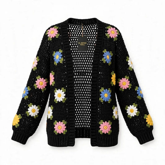 Handmade Crochet Black Open Front Cardigan with Multicolor Daisy Flowers and Ribbed Cuffs
