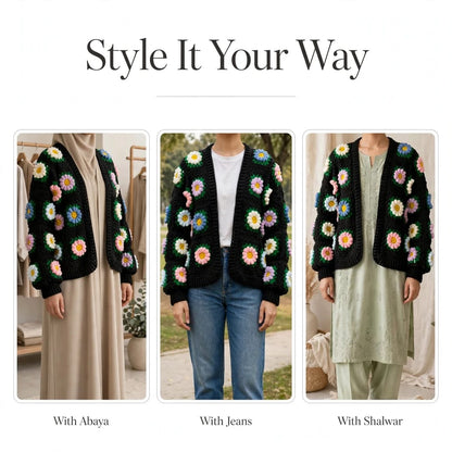 Handmade Crochet Black Open Front Cardigan with Multicolor Daisy Flowers and Ribbed Cuffs