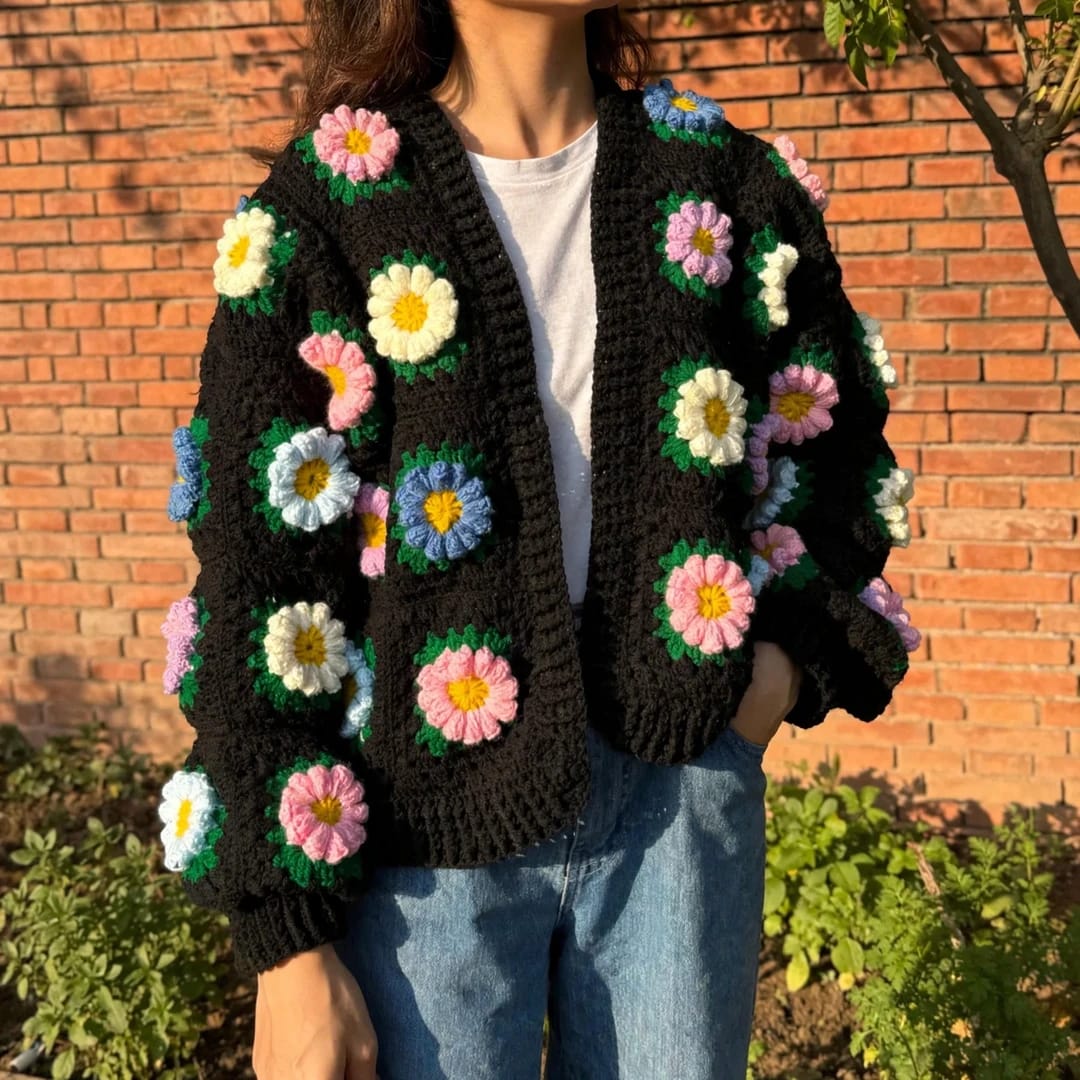 Handmade Crochet Black Open Front Cardigan with Multicolor Daisy Flowers and Ribbed Cuffs