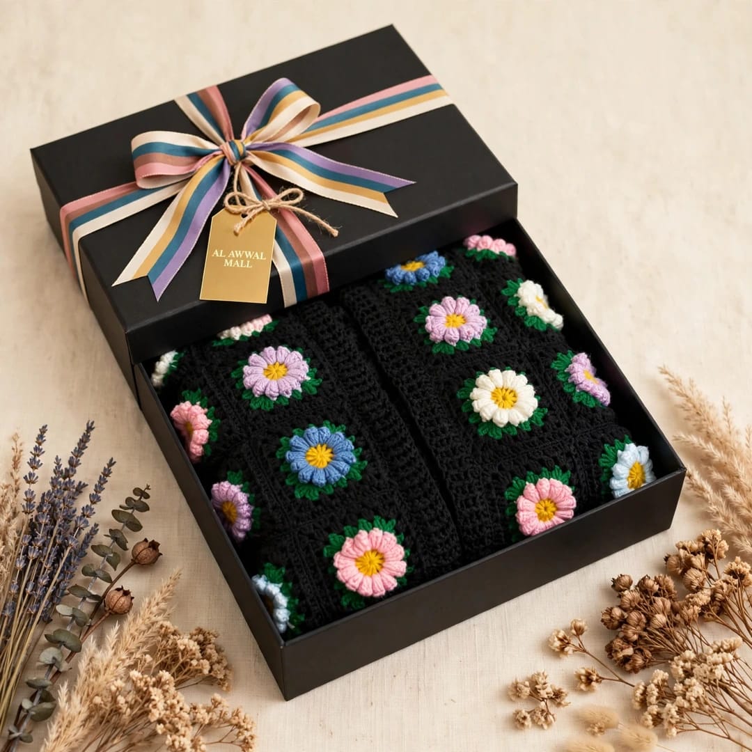 Handmade Crochet Black Open Front Cardigan with Multicolor Daisy Flowers and Ribbed Cuffs