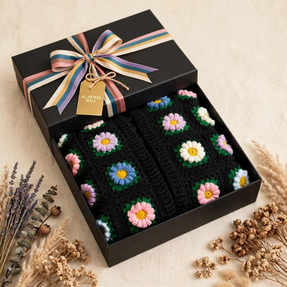 Handmade Crochet Black Open Front Cardigan with Multicolor Daisy Flowers and Ribbed Cuffs