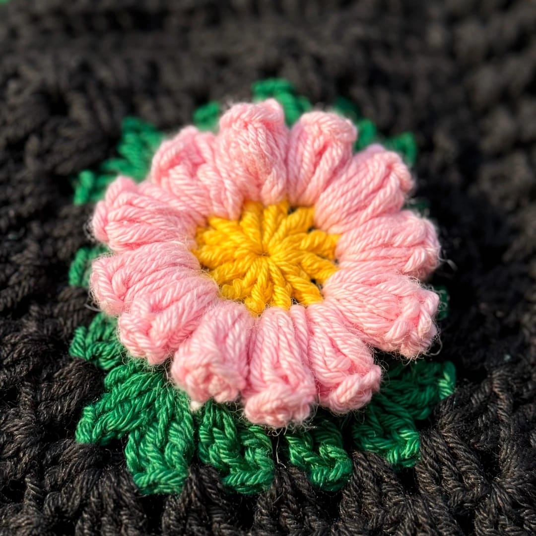 Handmade Crochet Black Open Front Cardigan with Multicolor Daisy Flowers and Ribbed Cuffs