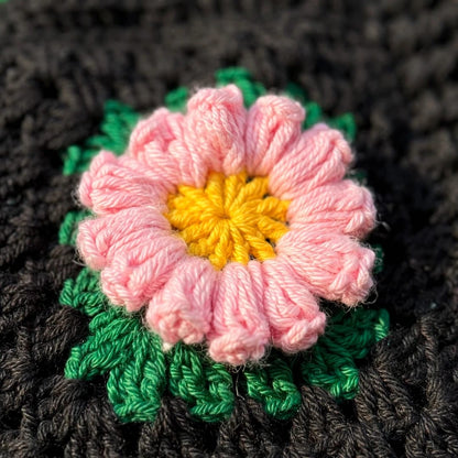 Handmade Crochet Black Open Front Cardigan with Multicolor Daisy Flowers and Ribbed Cuffs