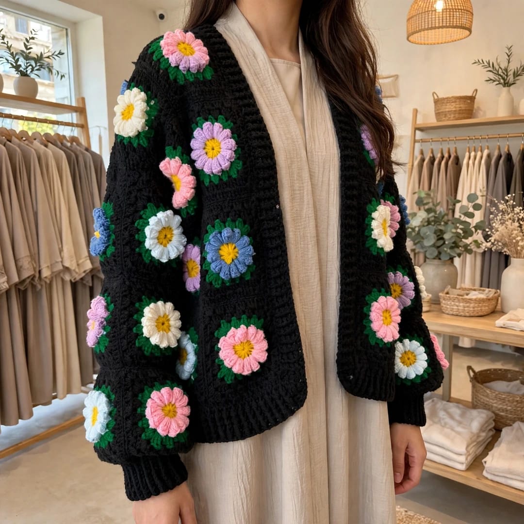 Handmade Crochet Black Open Front Cardigan with Multicolor Daisy Flowers and Ribbed Cuffs