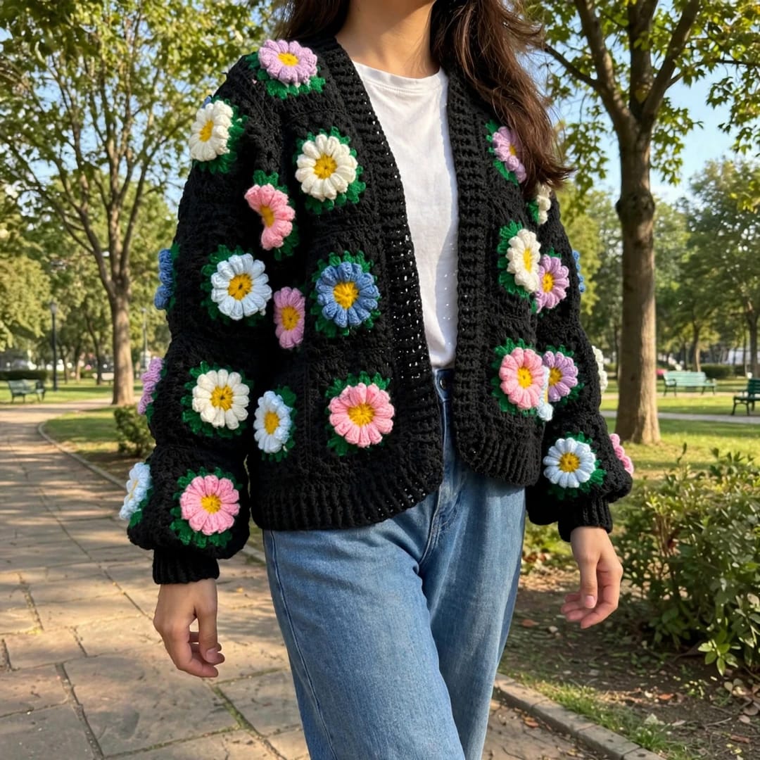 Handmade Crochet Black Open Front Cardigan with Multicolor Daisy Flowers and Ribbed Cuffs