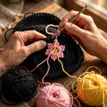 Handmade Crochet Black Open Front Cardigan with Multicolor Daisy Flowers and Ribbed Cuffs