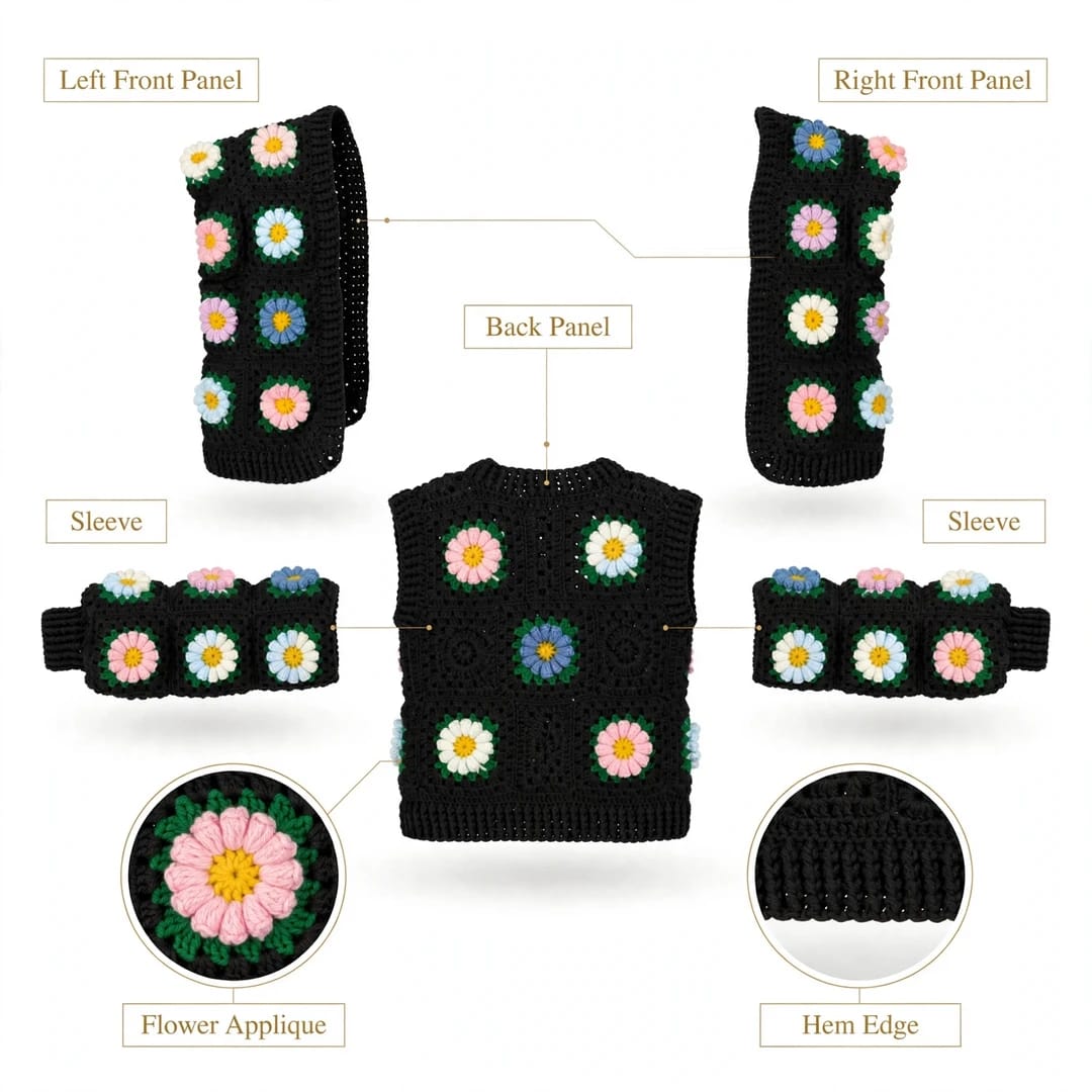 Handmade Crochet Black Open Front Cardigan with Multicolor Daisy Flowers and Ribbed Cuffs