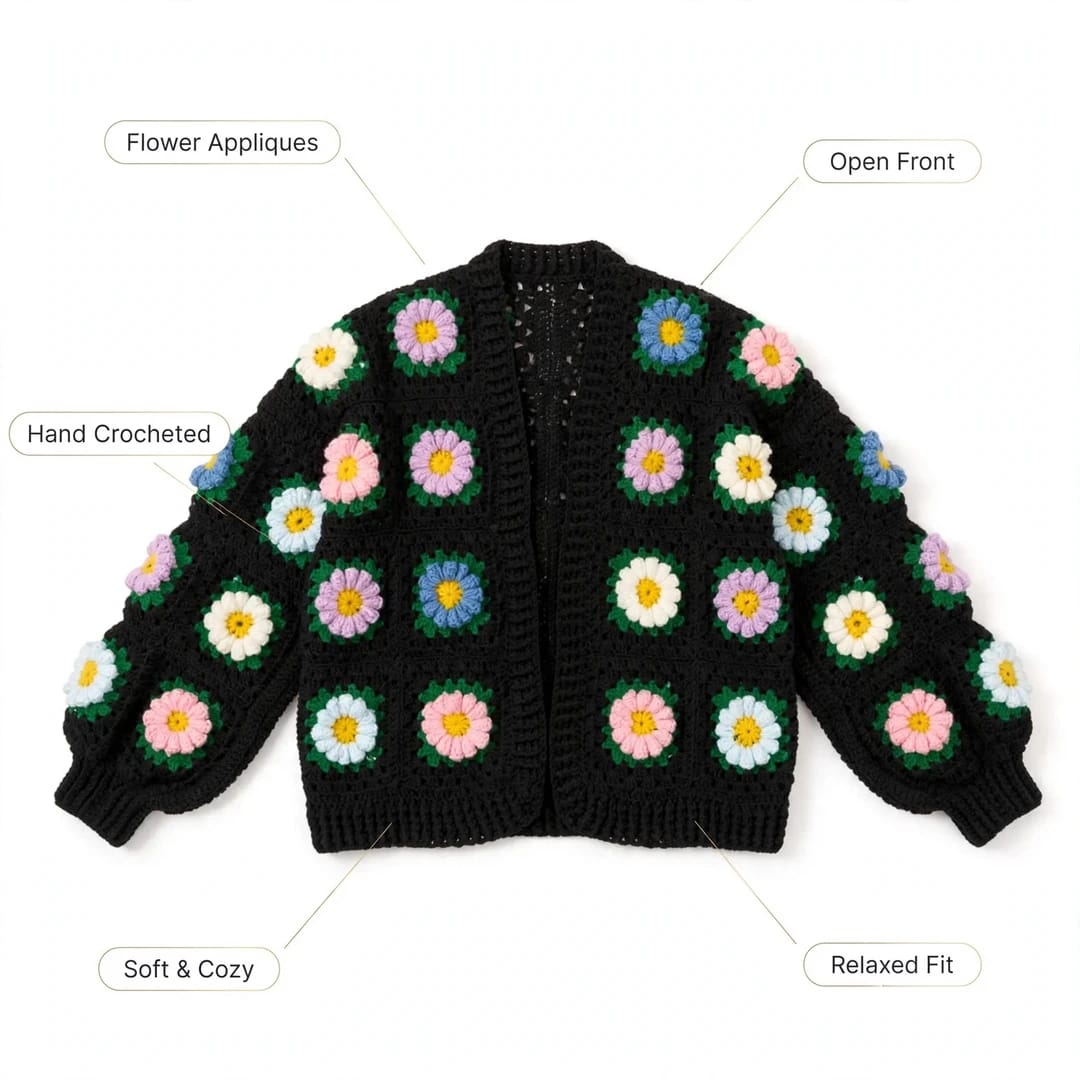 Handmade Crochet Black Open Front Cardigan with Multicolor Daisy Flowers and Ribbed Cuffs