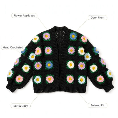 Handmade Crochet Black Open Front Cardigan with Multicolor Daisy Flowers and Ribbed Cuffs