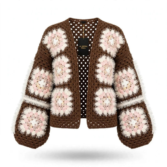 Handmade Crochet Brown Open Front Cardigan with Fluffy Floral Square Motifs