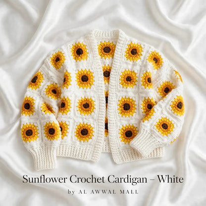 Handmade Crochet White Open Front Cardigan with Sunflower Square Motifs