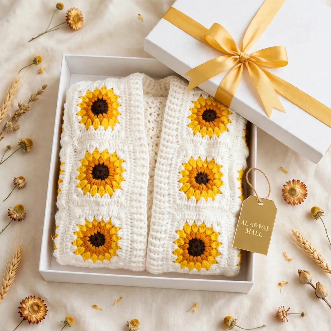 Handmade Crochet White Open Front Cardigan with Sunflower Square Motifs