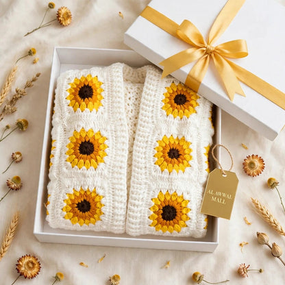 Handmade Crochet White Open Front Cardigan with Sunflower Square Motifs