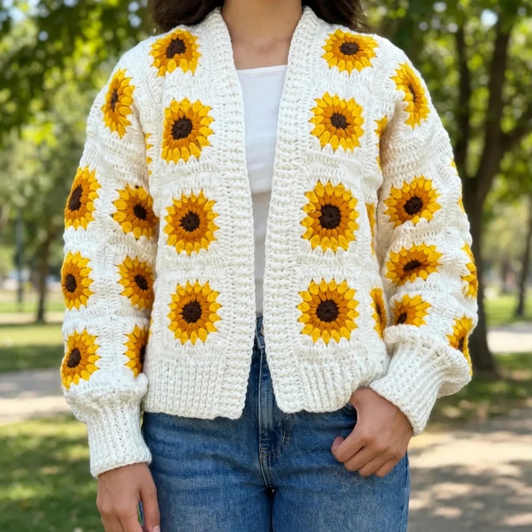 Handmade Crochet White Open Front Cardigan with Sunflower Square Motifs