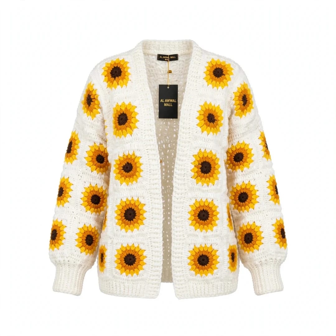 Handmade Crochet White Open Front Cardigan with Sunflower Square Motifs