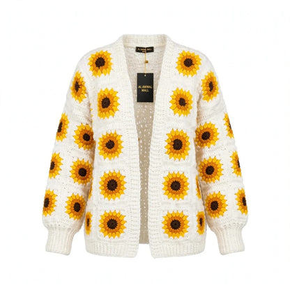 Handmade Crochet White Open Front Cardigan with Sunflower Square Motifs