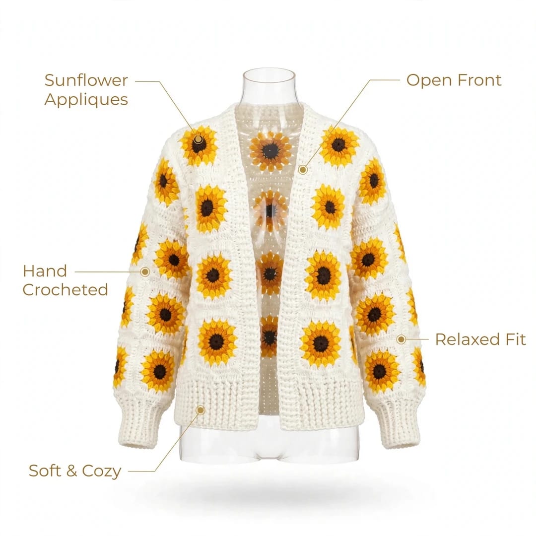 Handmade Crochet White Open Front Cardigan with Sunflower Square Motifs