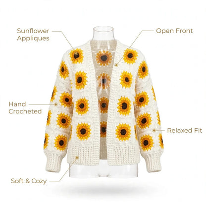 Handmade Crochet White Open Front Cardigan with Sunflower Square Motifs