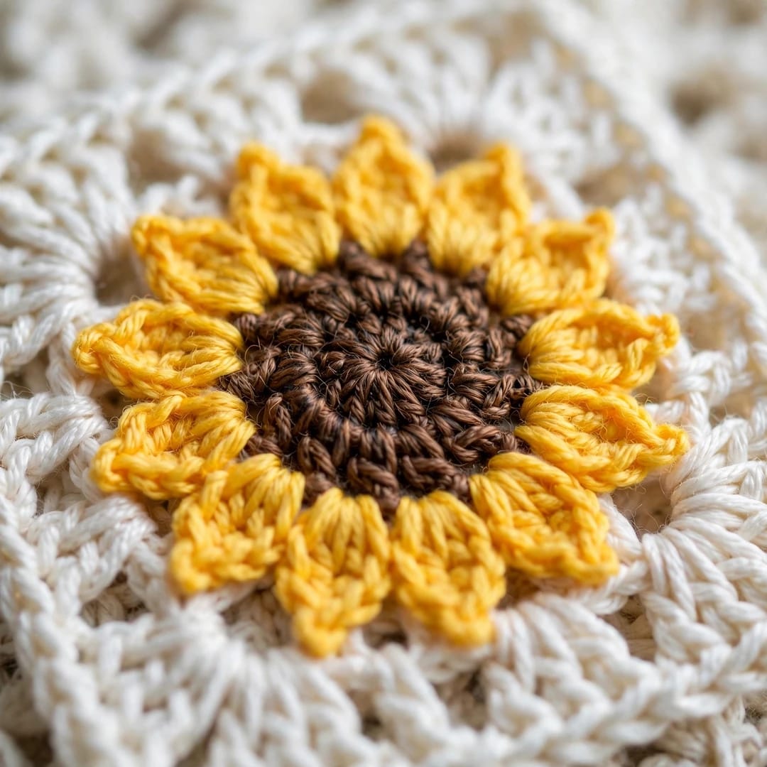 Handmade Crochet White Open Front Cardigan with Sunflower Square Motifs