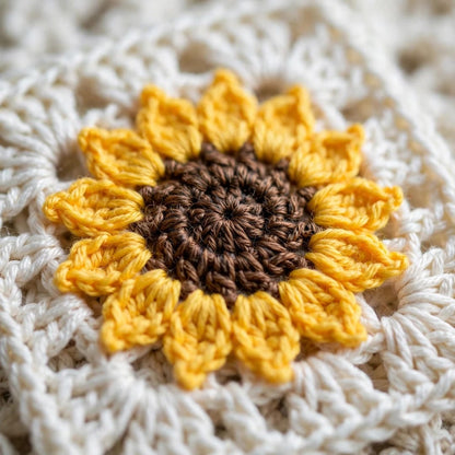 Handmade Crochet White Open Front Cardigan with Sunflower Square Motifs