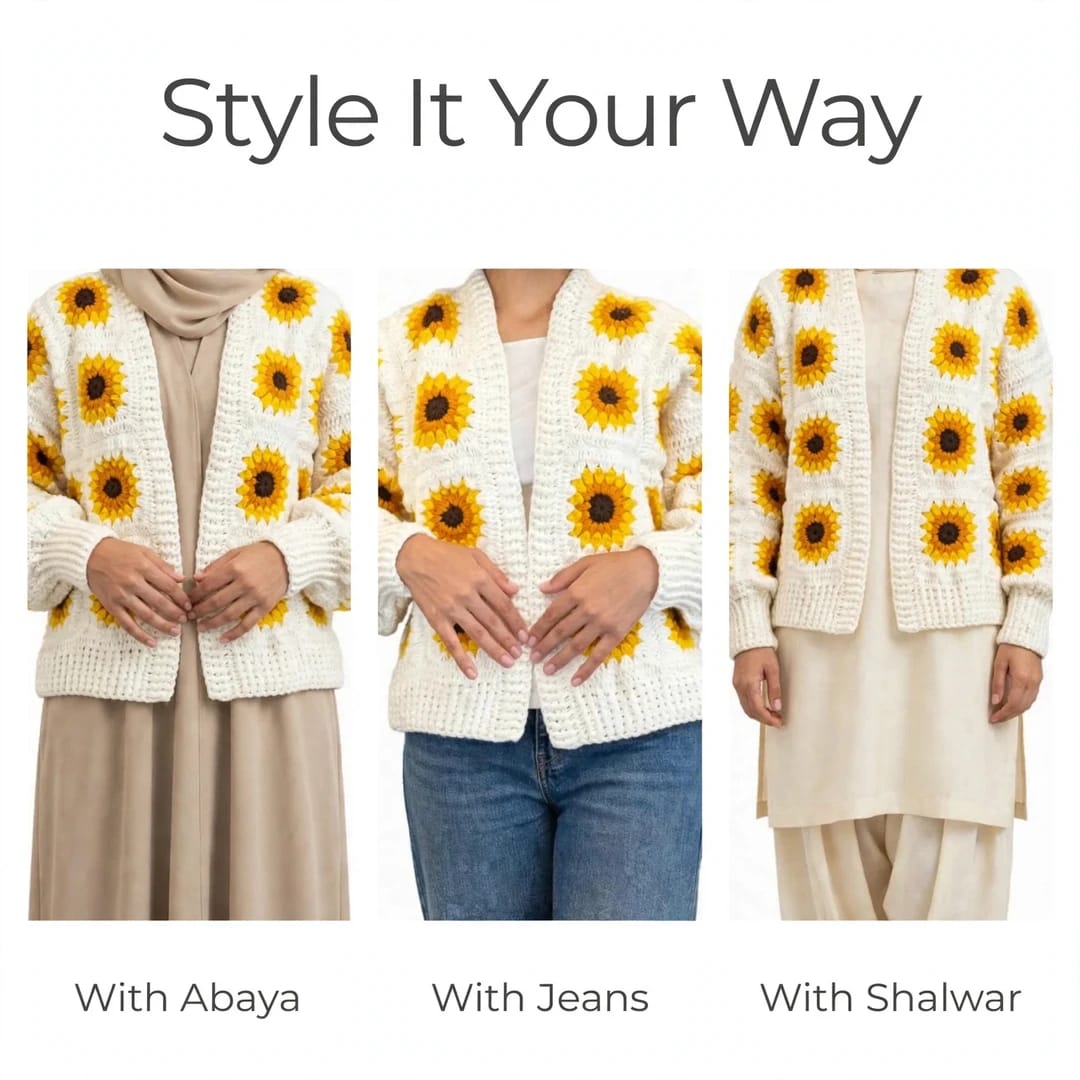 Handmade Crochet White Open Front Cardigan with Sunflower Square Motifs