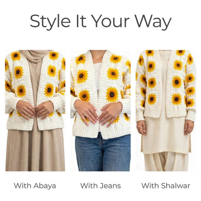 Handmade Crochet White Open Front Cardigan with Sunflower Square Motifs