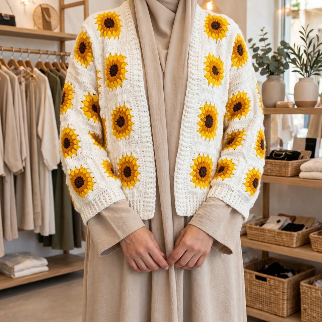 Handmade Crochet White Open Front Cardigan with Sunflower Square Motifs